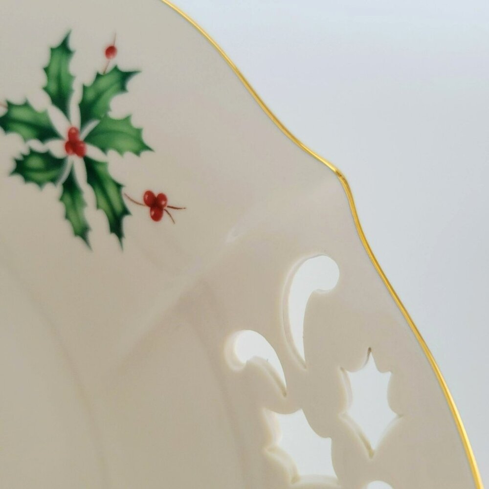 Lenox Holiday Pierced Low Bowl, Gold Trim Christmas Holly Design, Festive Dining - Picture 9 of 12